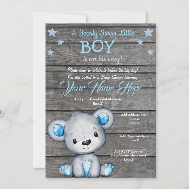 Teddy Bear Baby Shower Einladung, rustikaler blaue Einladung (Vorderseite)