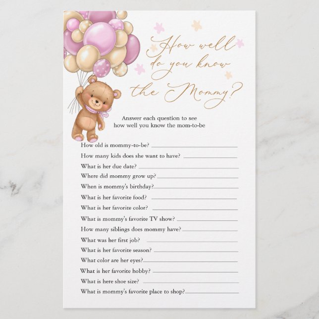 Teddy Bear Baby Shower Game, das Mama Best kennt (Vorderseite)