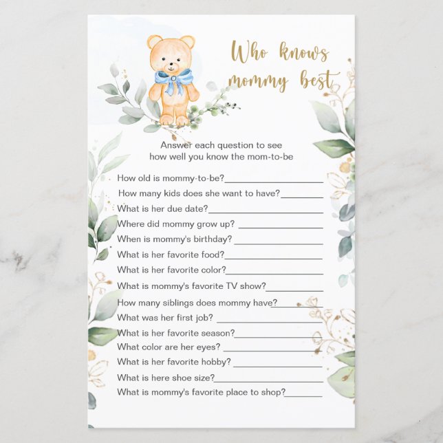 Teddy Bear Baby Shower Game, das Mama Best kennt (Vorderseite)