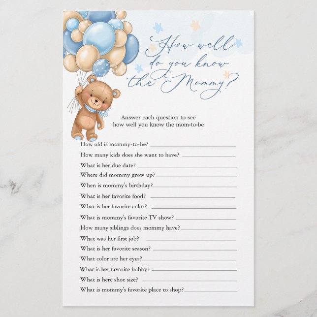Teddy Bear Baby Shower Game, das Mama Best kennt (Vorderseite)
