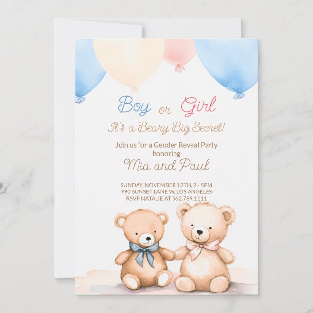 Teddy Bear Baby Shower Gender offenbaren Einladung (Vorderseite)