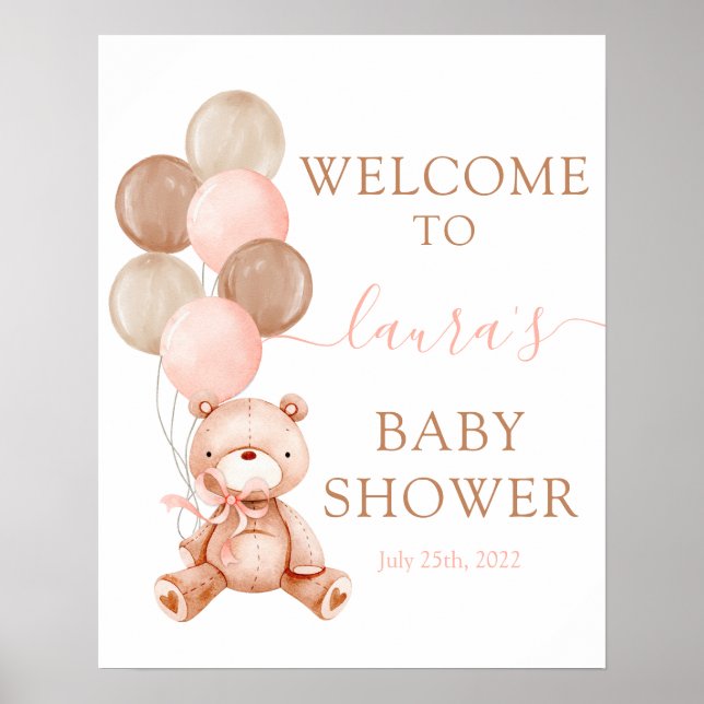 Teddy Bear Baby Shower Girl Begrüßungszeichen Poster (Vorne)