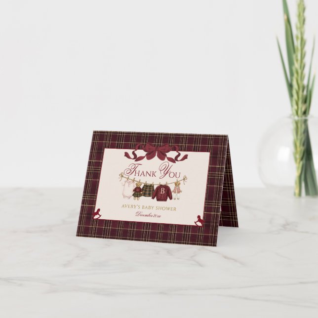 Teddy Bear Baby Shower Girl Plaid Burgundy Bow  Dankeskarte (Vorderseite)