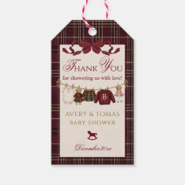 Teddy Bear Baby Shower Girl Plaid Burgundy Bow Geschenkanhänger