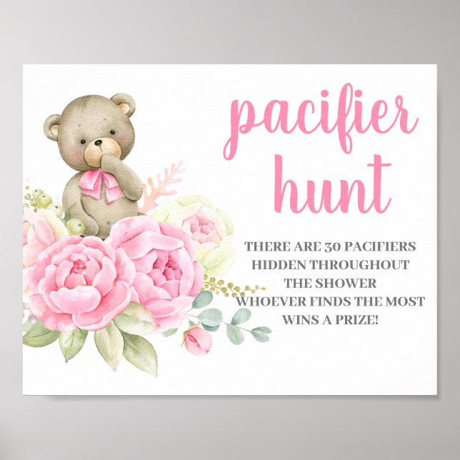 Teddy Bear Baby Shower Girl Schnuller Hunt-Zeichen Poster (Vorne)