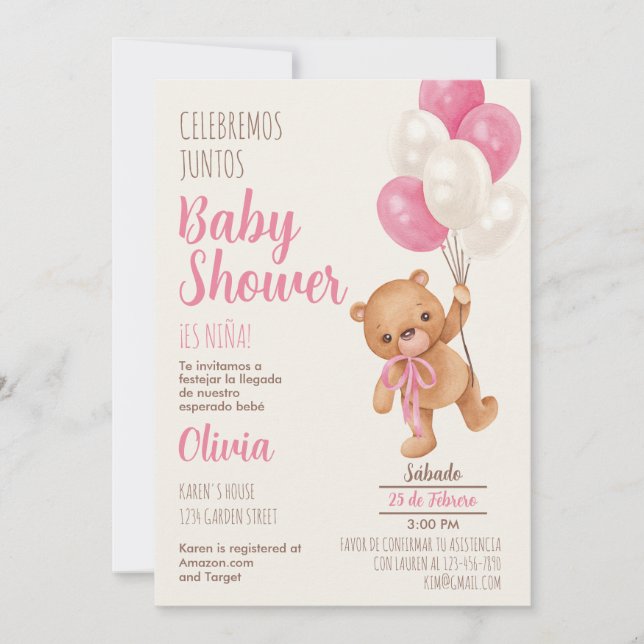 Teddy Bear Baby Shower Girl Spanische Einladung (Vorderseite)