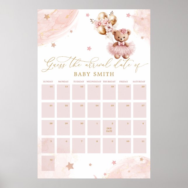 Teddy Bear Baby Shower Guess Due Date Calendar Poster (Vorne)