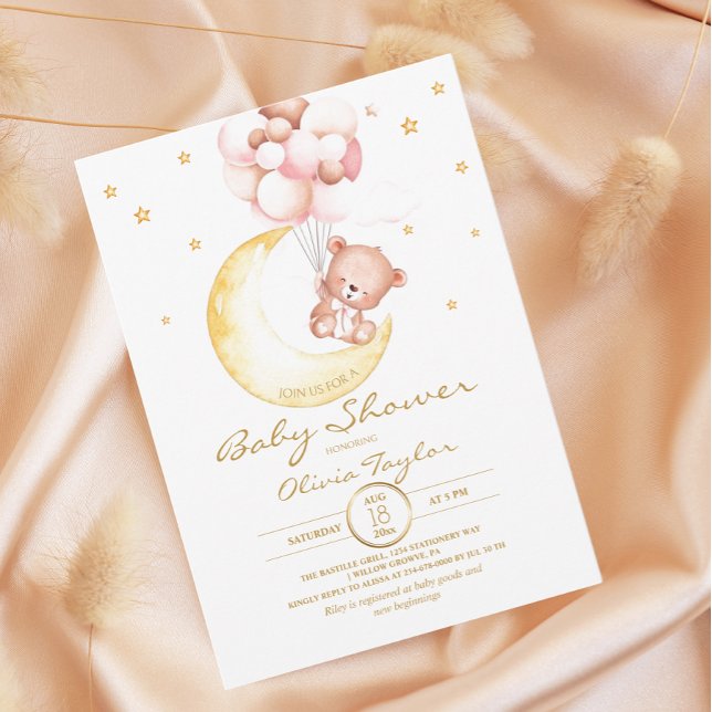 Teddy Bear Baby Shower Moon and Stars Girly Einladung (Von Creator hochgeladen)