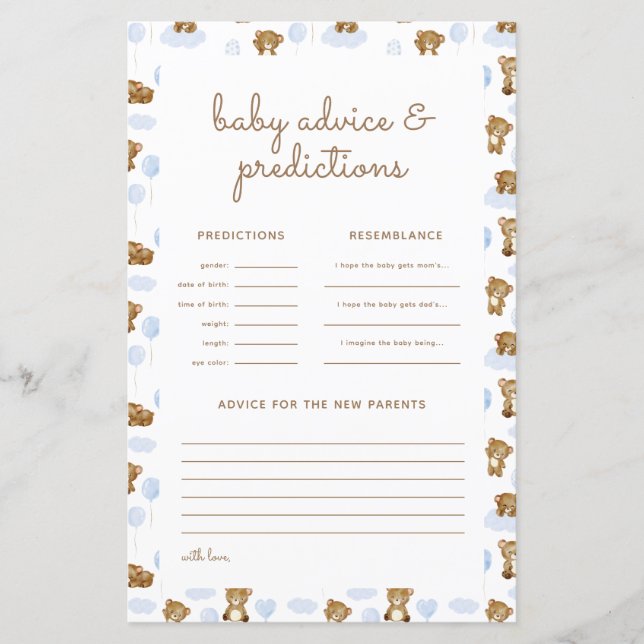 Teddy Bear Baby Shower Predictions & Advice Card (Vorderseite)