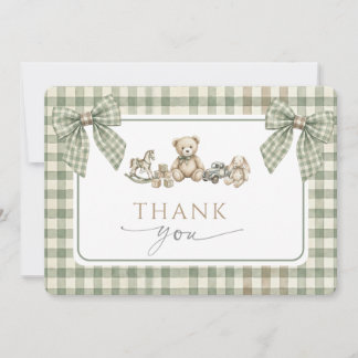 Teddy Bear Baby Shower Sage Green Gingham Bow  Dankeskarte