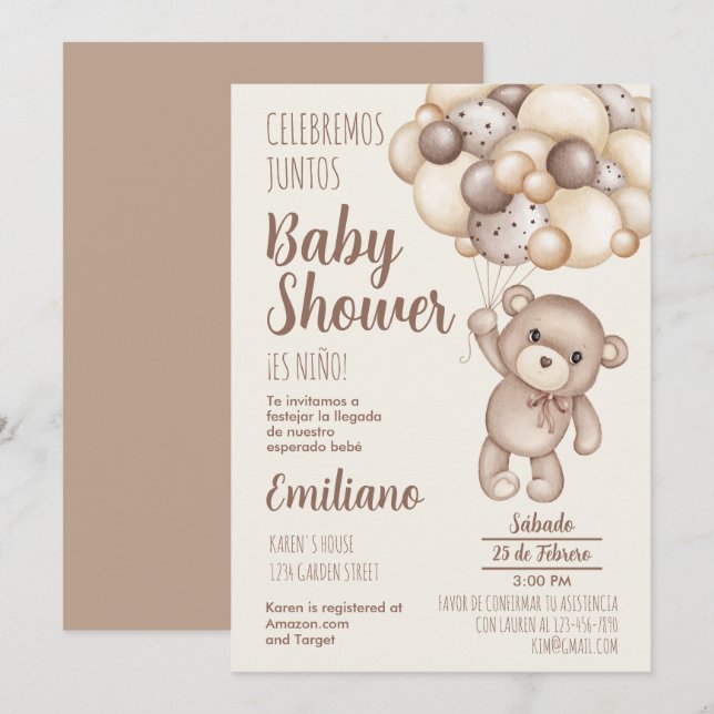 Teddy Bear Baby Shower Spanische Einladung (Vorne/Hinten)