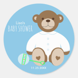 Teddy Bear Baby Shower Sticker, blau Hintergrund Runder Aufkleber