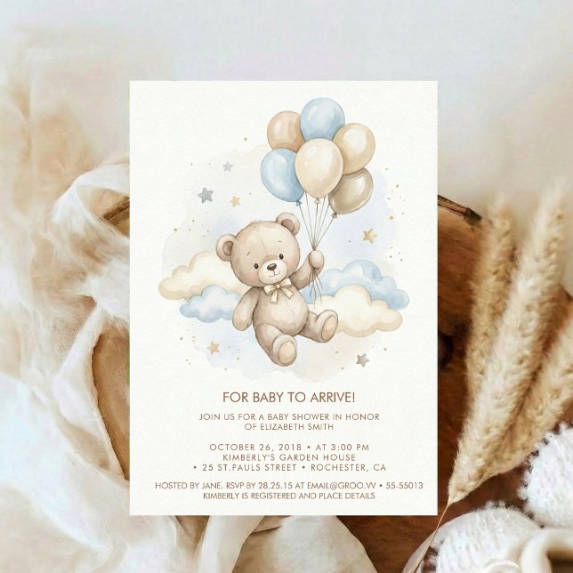 Teddy Bear Baby Shower with Brown Sage Balloons Einladung (Von Creator hochgeladen)