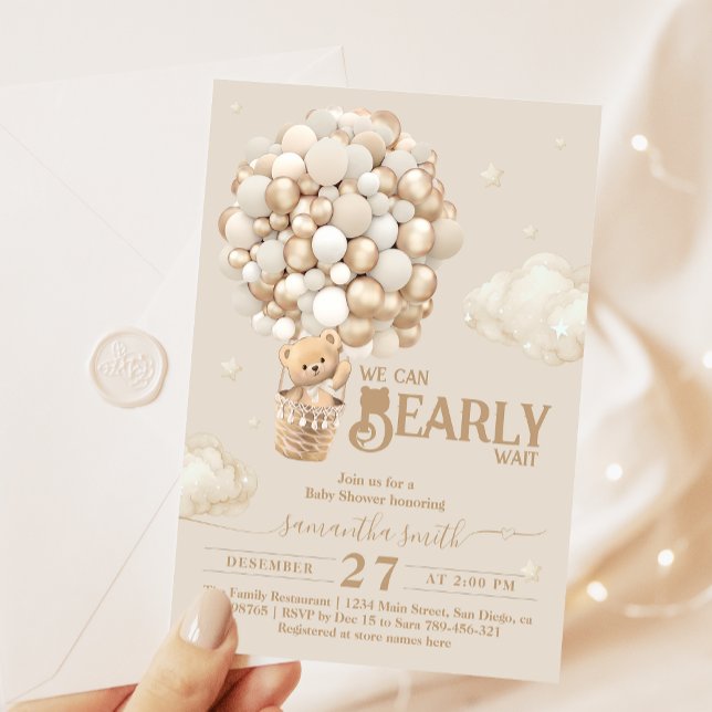 Teddy Bear Ballon Bearly Wait neutrale Baby Dusche Einladung (Von Creator hochgeladen)