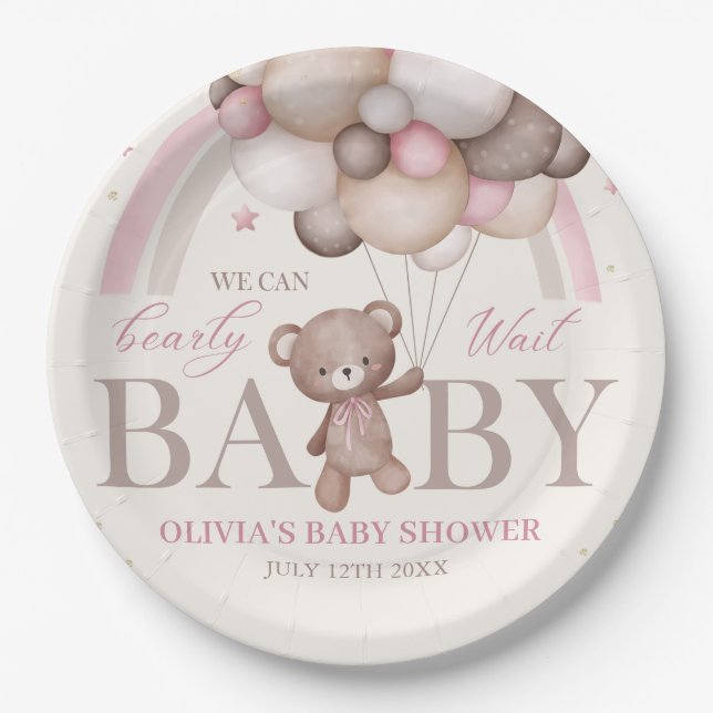 Teddy Bear Ballon Bearly Wait Pink Baby Dusche Pappteller (Vorderseite)