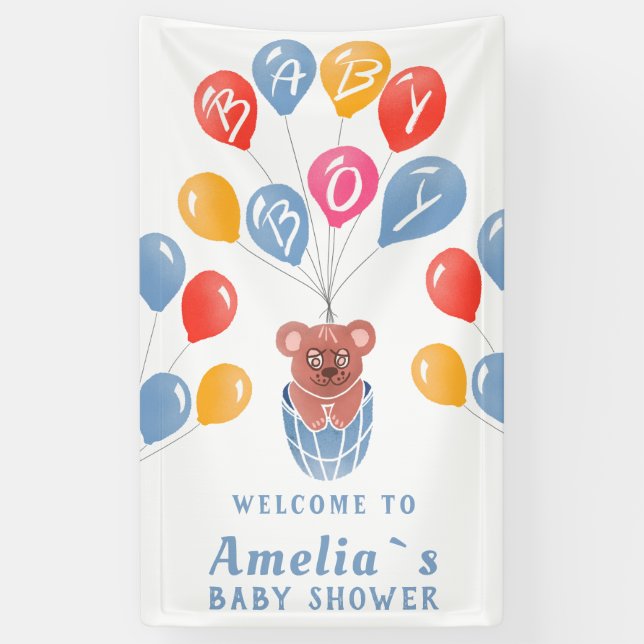 Teddy Bear Balloon Baby Boy Baby Dusche Hintergrun Banner (Vertikal)