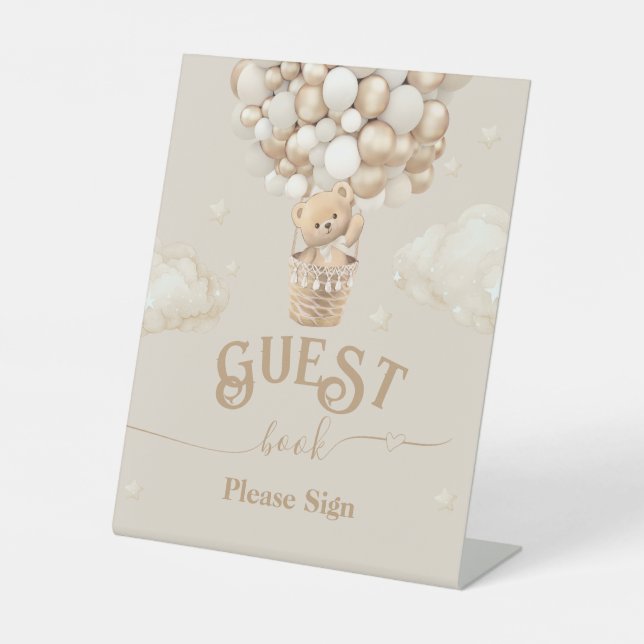 Teddy Bear Balloon Baby Show Gästebuch Sockelschild (Vorderseite)
