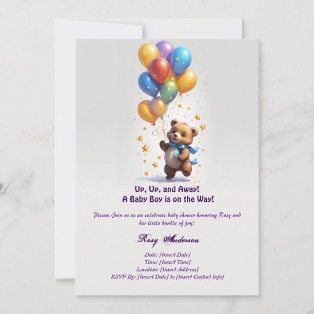 Teddy Bear Balloon Baby Shower Einladung für Baby (Vorderseite)