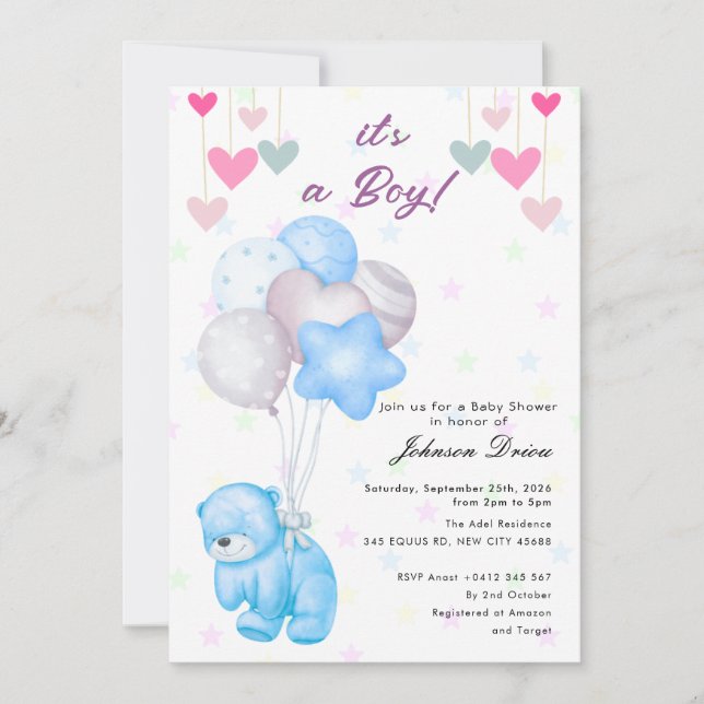 teddy bear balloon baby shower invitation einladung (Vorderseite)