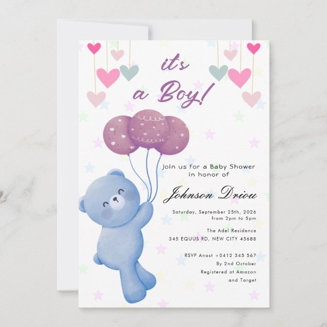 teddy bear balloon baby shower invitation einladung (Vorderseite)