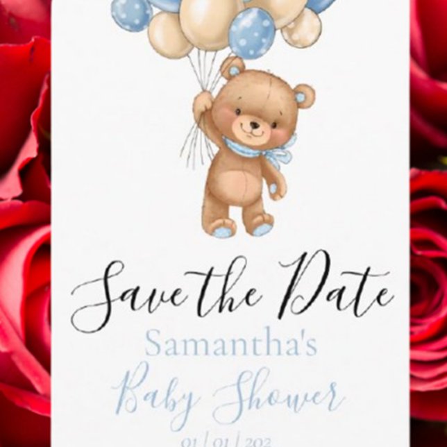 Teddy Bear Balloon Babydusche Save the Date Postc Postkarte (Celebrate your baby shower with a charming teddy bear balloon save the date postcard.)