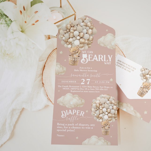 Teddy Bear Balloon Bearly Wait Baby Girl Dusche All In One Einladung (Von Creator hochgeladen)
