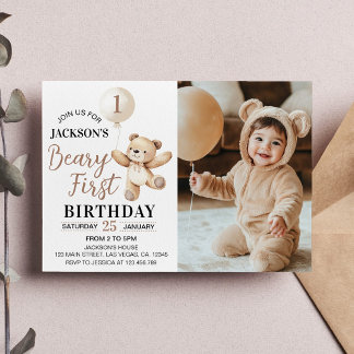 Teddy Bear Balloon Beary First Birthday Foto Einladung