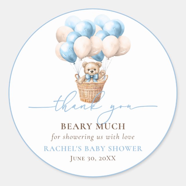 Teddy Bear Balloon Blue Baby Dusche Vielen Dank Runder Aufkleber (Vorderseite)