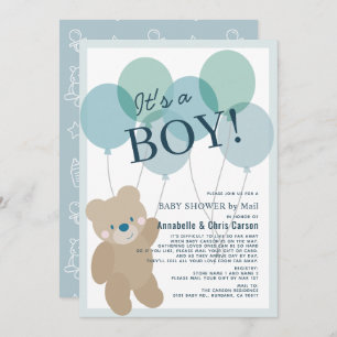 Teddy Bear Balloon Blue Boy Baby Showdown by Mail Einladung