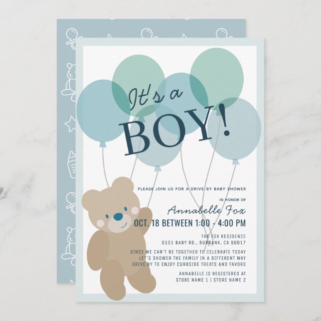 Teddy Bear Balloon Blue Boy Drive by Baby Shower Einladung (Vorne/Hinten)