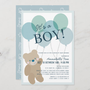 Teddy Bear Balloon Blue Boy Drive by Baby Shower Einladung