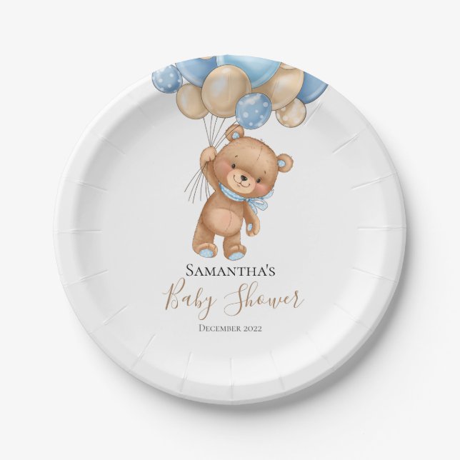 Teddy Bear Balloon Blue Paper Tellers Pappteller (Vorderseite)