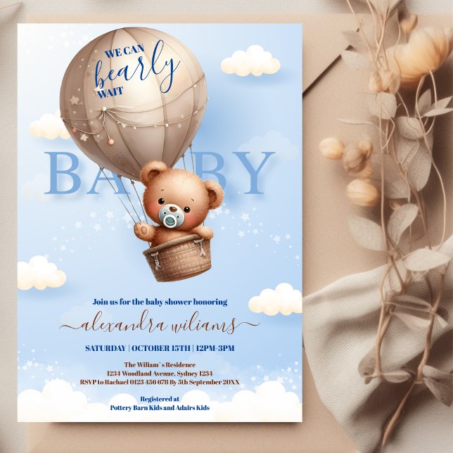 Teddy Bear Balloon Boy Bearly Wait Baby Dusche Einladung (Von Creator hochgeladen)