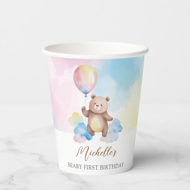 Teddy Bear Balloon Clouds Beary First Birthday Pappbecher (Rückseite)