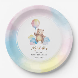 Teddy Bear Balloon Clouds Beary First Birthday Pappteller