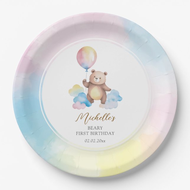 Teddy Bear Balloon Clouds Beary First Birthday Pappteller (Vorderseite)