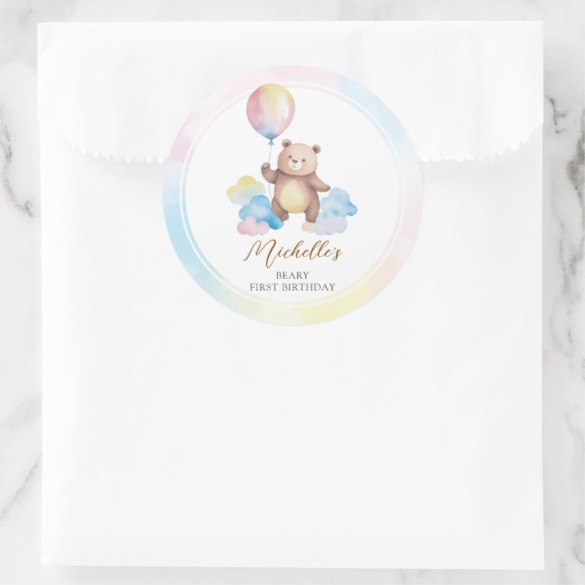 Teddy Bear Balloon Clouds Beary First Birthday Runder Aufkleber (Tasche)
