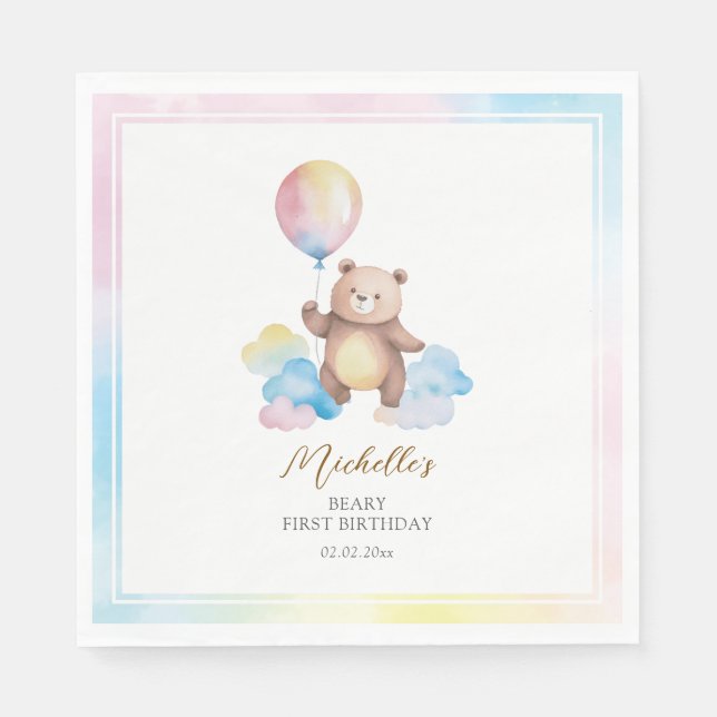 Teddy Bear Balloon Clouds Beary First Birthday Serviette (Vorderseite)