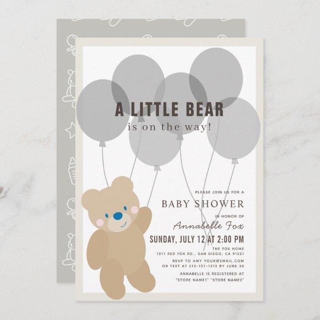Teddy Bear Balloon Gender Neutral Baby Dusche Einladung (Vorne/Hinten)