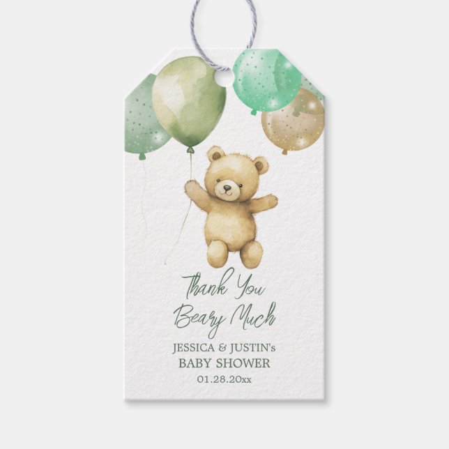 Teddy Bear Balloon Green Gold Baby Dusche Geschenkanhänger (Vorderseite)