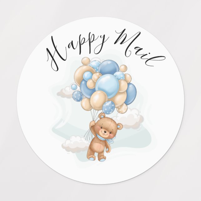 Teddy Bear Balloon Happy Mail Baby Shower Labels Etiketten (Design 1)