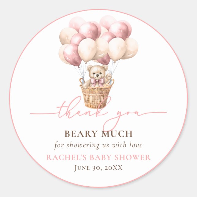 Teddy Bear Balloon Pink Babydusche Danke Runder Aufkleber (Vorderseite)