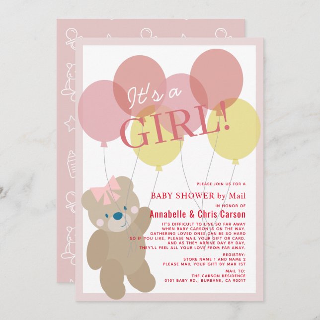 Teddy Bear Balloon Pink Girl Baby Dusche by Mail Einladung (Vorne/Hinten)