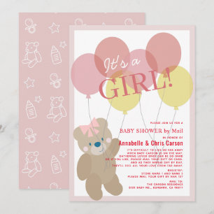 Teddy Bear Balloon Pink Girl Baby Dusche by Mail Einladung