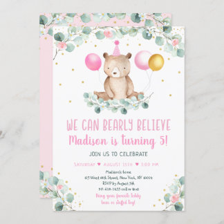 Teddy Bear Balloon Pink Gold Greenery Geburtstag Einladung