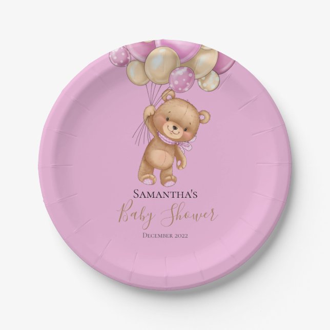 Teddy Bear Balloon PINK Pappteller (Vorderseite)