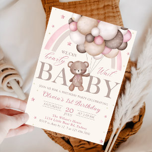 Teddy Bear Balloon Pink Rainbow Birthday Einladung