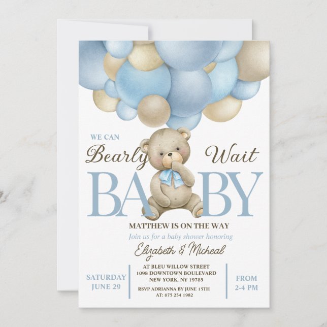 Teddy Bear Balloon Theme Baby Shower Invitation Einladung (Vorderseite)