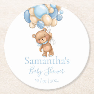 Teddy Bear Balloon White Blue Babydusche Runder Pappuntersetzer