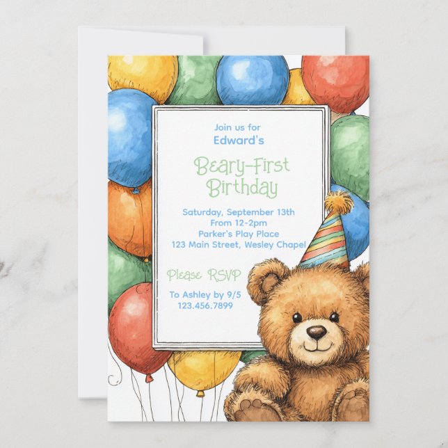 Teddy Bear Balloons 1. Geburtstagseinladung Save The Date (Vorderseite)